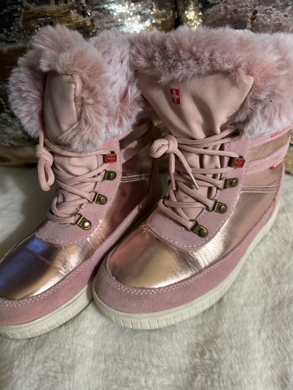 Swiss Tech Blush Pink Metallic Faux-Fur Lace-Up Winter Boots